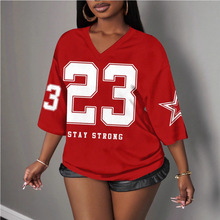 跨境亚马逊运动风数字印花撞色拼接网眼短袖t恤球衣休闲宽松上衣