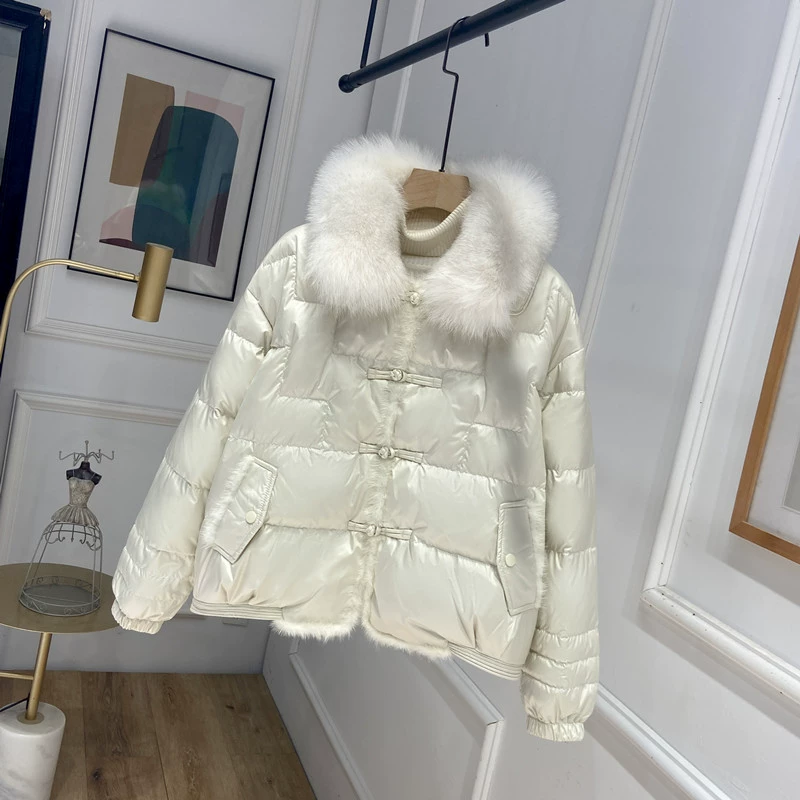 Retro down jacket, fur‑trimmed puffer, short fit, toggles, sizes M–XL