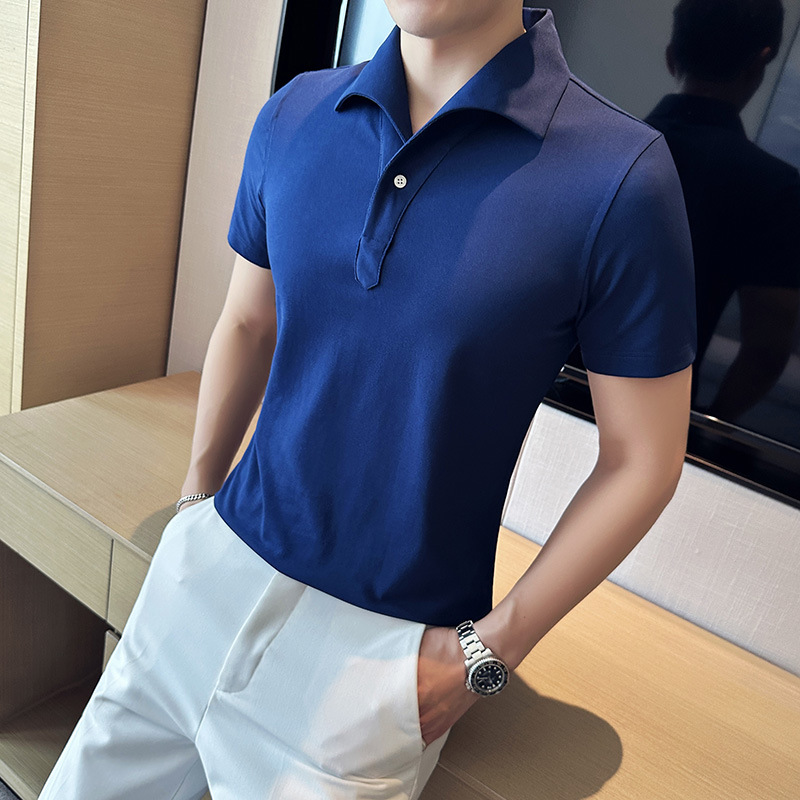 短袖polo衫男个性翻领一字领商务休闲时尚古巴领蓝短袖T恤工作服