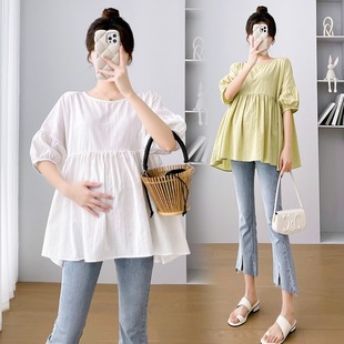 Maternity Wear, Summer Wear, Fashionable Short-Sleeved Cotton and Linen Tops, Loose Large Size Casual Doll Shirts, Summer Korean Style Pregnancy T-Shirts