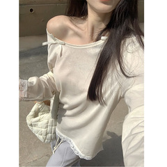 蕾絲花邊斜肩長袖T恤女溫柔蝴蝶結春秋季新款寬鬆上衣辣妹風體恤