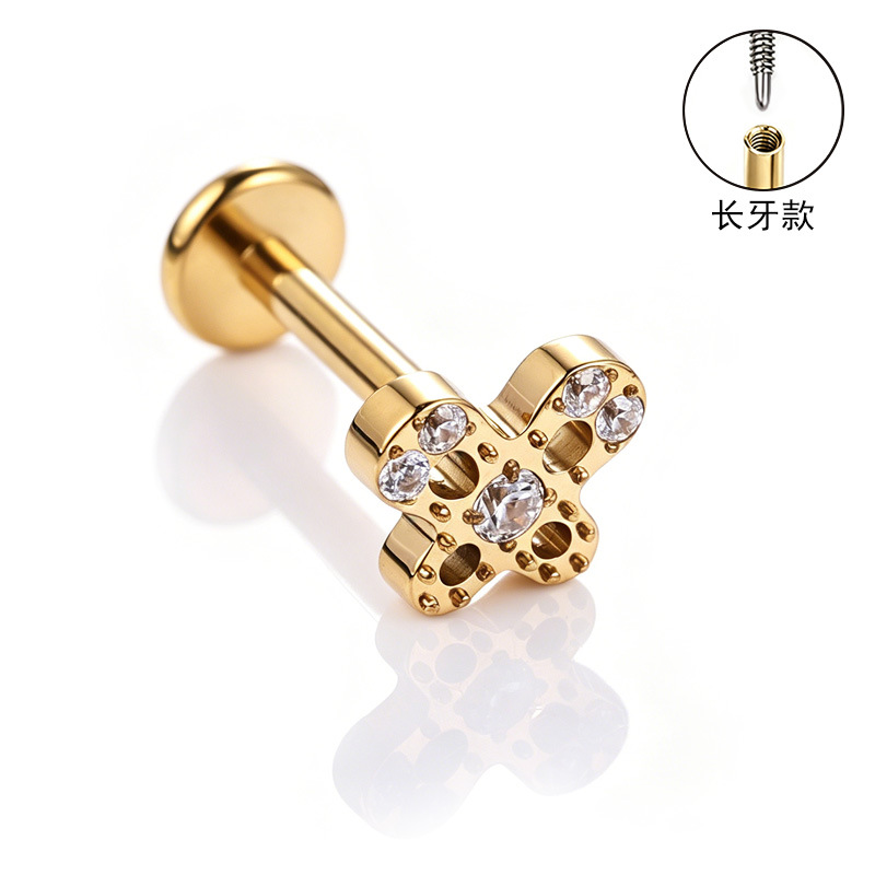 F136 Titanium Alloy Long Tooth Ear Studs, Carved Ear Bone Studs with Zircon, G23 Titanium Body Piercing Jewelry detail image 26