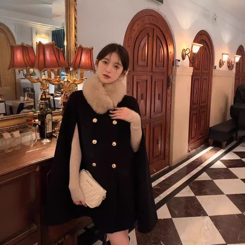 2024 autumn and winter new double-sided cashmere coat cape woolen coat fox fur mid-length high-grade atmospheric wool 2024 autumn and winter new double-sided cashmere coat cape woolen coat fox fur mid-length high-grade atmospheric wool