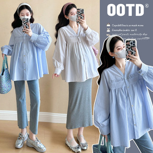 Pregnant Women's Top Spring 2025 New Fashion Simple Loose Slimming Long Sleeve V-neck Striped Doll Shirt Spring and Autumn