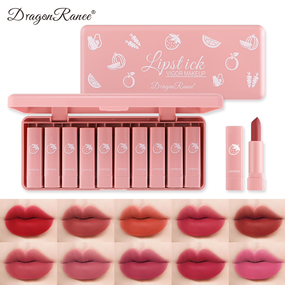Dragonranee Cross-Border Mini Sample Lipstick 10-Color Set Matte Matte Not Easy to Stick to the Cup Lipstick Export
