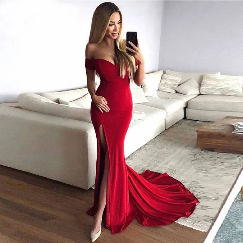 Comercio exterior europeo y americano Amazon AliExpress deseo nuevo sexy fishtail terciopelo vestido de noche con cuello en V vestido fuera del hombro image 2