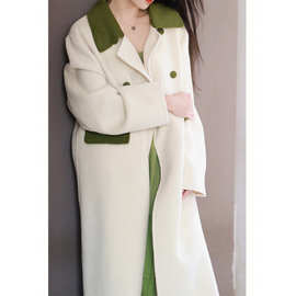 MK小香风绿色拼色长款双面羊绒大衣女高端设计师新款款毛呢子外套