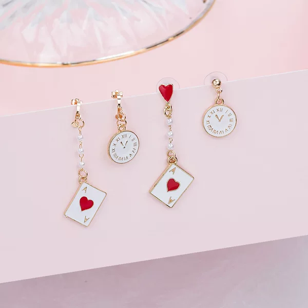 Korean Girl Asymmetrical Playing Card Clock Earrings Sweet Alice Oil Drop Pearl Cute Earrings