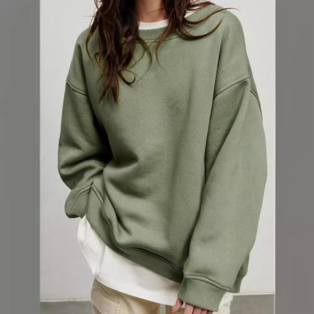 European and American Cross-Border 2025 Amazon Temu Autumn and Winter New Pure Color Round Neck Loose Pullover Sweatshirt Long-Sleeved Velvet Sweater for Women