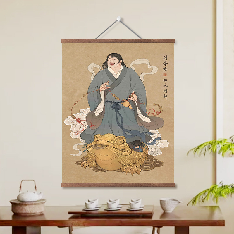 Portrait of a Boy with a Golden Toad on His Forehead, Hanging Painting, Entrance Hall, Living Room Scroll Painting, Decorative Painting, Vertical Version of the Character Mural