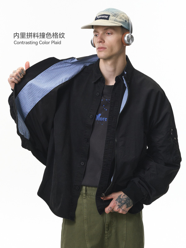 捷展男装|短款飞行夹克25秋季新品美式立领格纹撞色棒球服外套男|undefined
