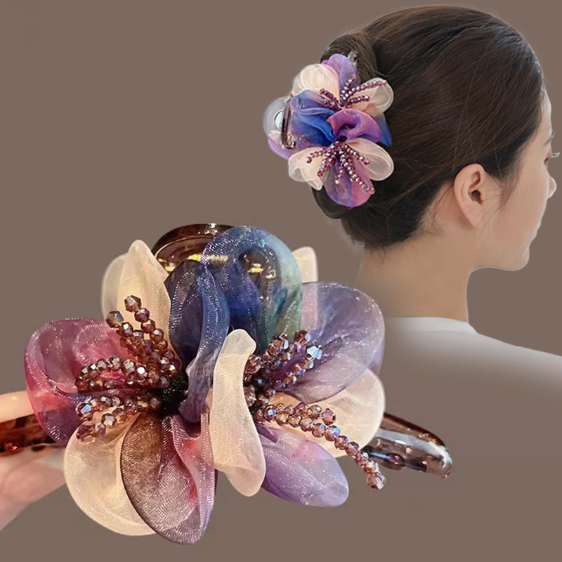 French Flower Flaxen Hair Grip Large temperament Hindbrain Sharks clip Ponytail Card issuance Water Drill Head ornament