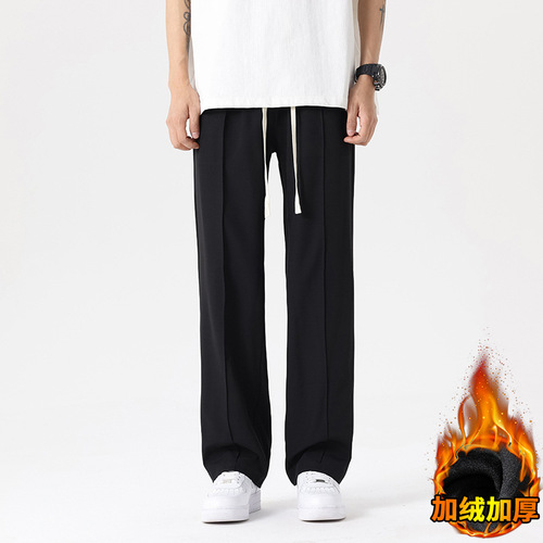 Men's 2025 New Style Relaxed Straight Leg Winter Fleece Pants, Loose Wide Leg Spring and Autumn Thin Casual Long Trousers