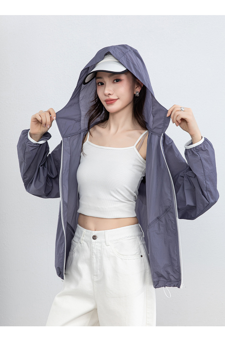 Áo chống nắng nữ dáng rộng thả vai, liền mũ, chất liệu lụa thoáng khí, che nắng mùa hè — màu tím chi tiết 21