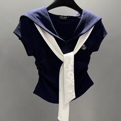 韓国カレッジスタイルファッションコントラストカラーネイビーカラー半袖Tシャツ女性用2025夏新作スリムフィットトップイン