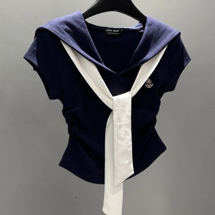 Korean Preppy Style Fashion Color-Block Navy Collar Short-Sleeve T-Shirt for Women 2026 Summer New Slim-Fit Top Ins