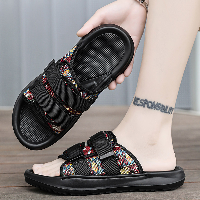 Pantuflas de velcro de tela verano nueva tendencia transpirable playa al aire libre ocio fondo plano pisando la mierda sandalias para hombres