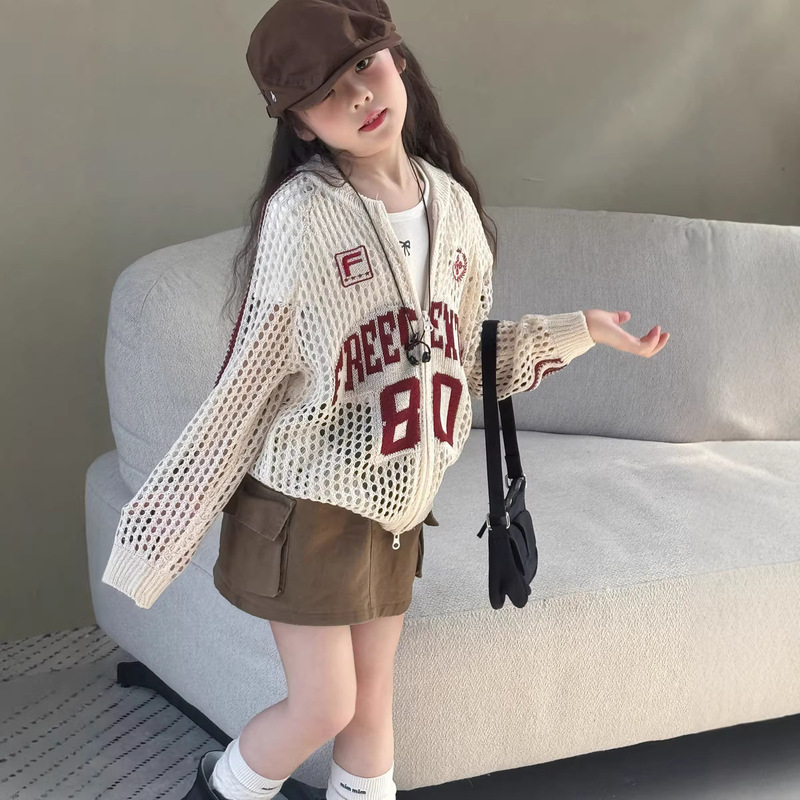 Princess Yuyu Girls' Spring/Summer Cool Ice Mesh Hollow Out Cardigan American Retro Sports Thin Knit Jacket Princess Yuyu Girls' Spring/Summer Cool Ice Mesh Hollow Out Cardigan American Retro Sports Thin Knit Jacket