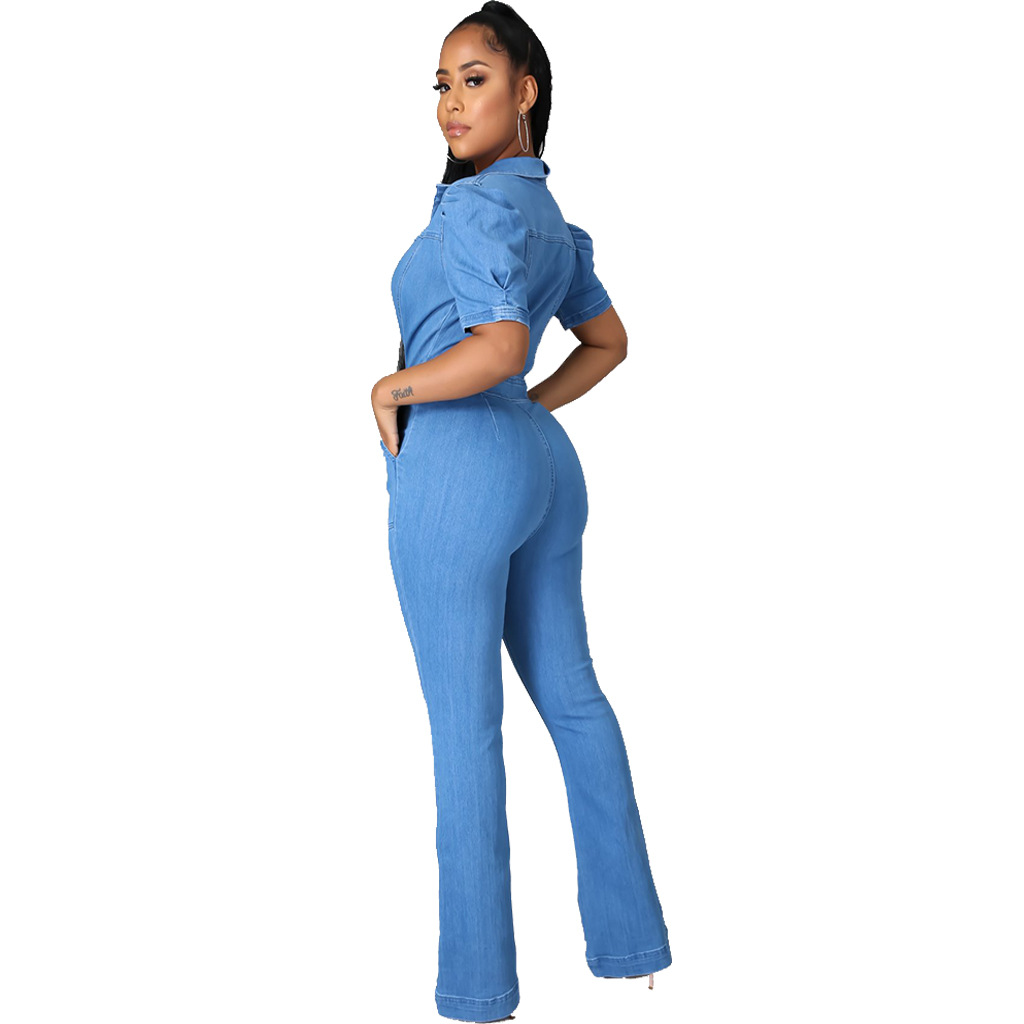 Lapel Zipper Stitching Short Sleeve Denim Jumpsuit NSMRF116722