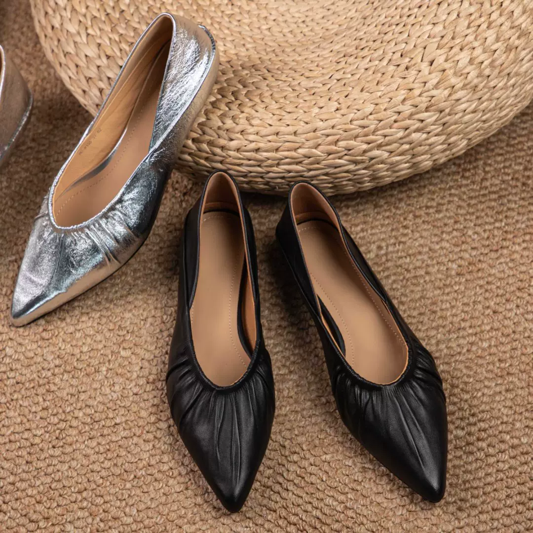 高端头层羊皮法式尖头真皮单鞋女简约高智感舒适低跟浅口黑色单鞋