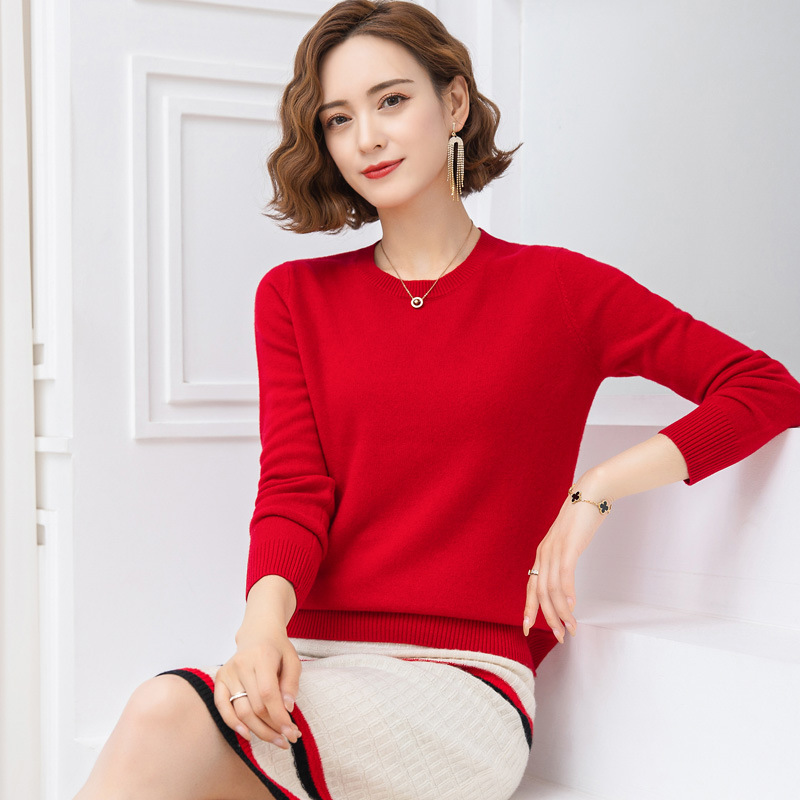 高级羊毛衫女圆领中年秋冬短款简约显瘦全羊毛内搭纯色打底毛衣女