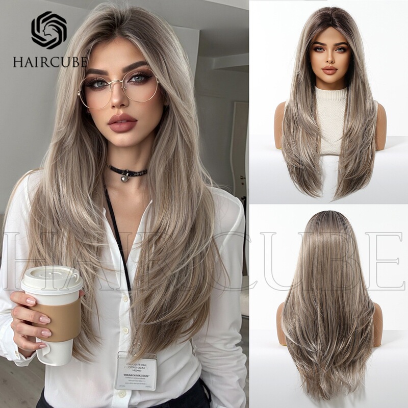 Mechanized Chemical Fiber Hair Wig Headgear Full Head Type Women's Gray Brown Medium Layered Long Straight Wig Cross-Border European and American Style Mechanized Chemical Fiber Hair Wig Headgear Full Head Type Women's Gray Brown Medium Layered Long Straight Wig Cross-Border European and American Style