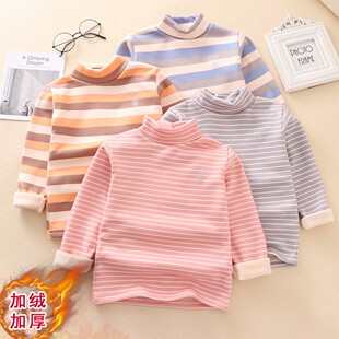 Children's Autumn and Winter Velvet Thickeneded Warm Turtleneck Bottoming Shirt for Boys and Girls Stripesd Long-Sleeved Top Simple Inner T-Shirt