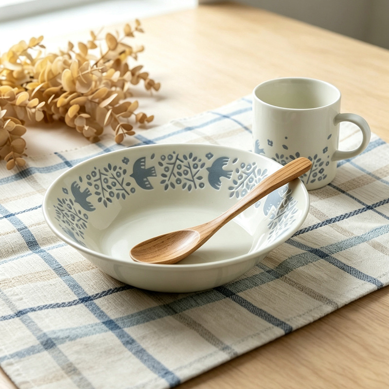 Japanese imported Minoru Mino ware Nordic forest-themed cartoon swallow dinner plate ceramic tableware underglaze colored dish Japanese imported Minoru Mino ware Nordic forest-themed cartoon swallow dinner plate ceramic tableware underglaze colored dish