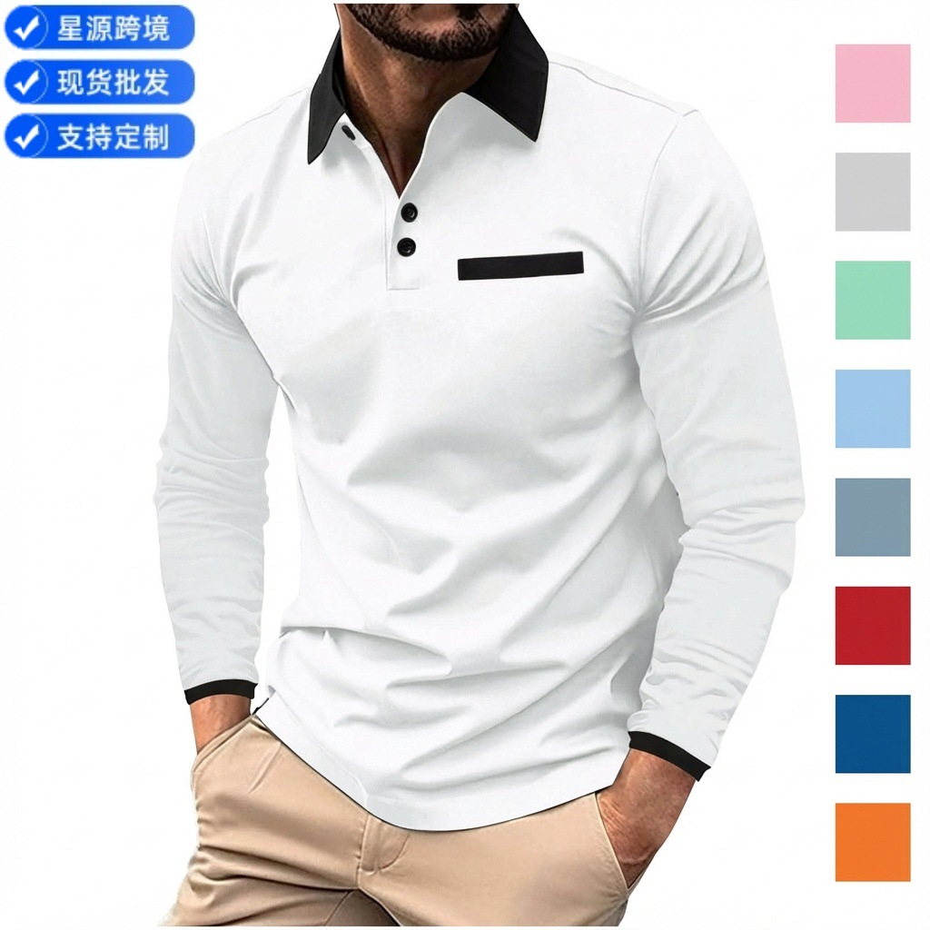 European and American Instagram cross-border e-commerce autumn fast sale Amazon men's long-sleeved polo shirt with polka dot print and lapel sports top