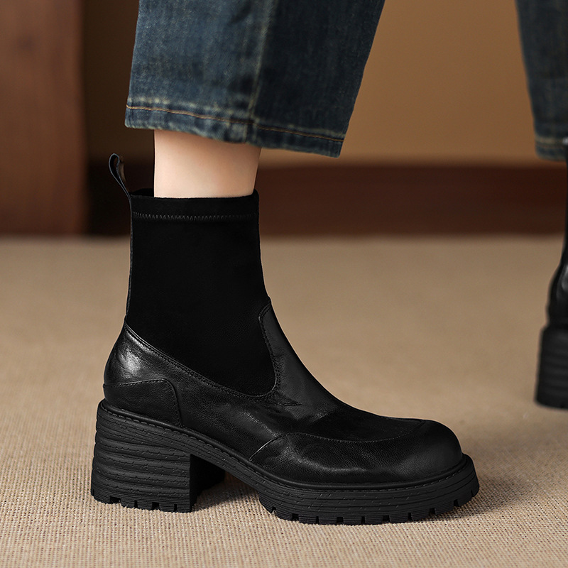 Boot cổ ngắn cao gót đế dày mũi tròn phong cách retro thu đông 2025, phối dệt kim, gót thô ôm chân — nhung đen, Nhung nâu, Lớp lót đơn màu đen, Lớp lót đơn màu nâu