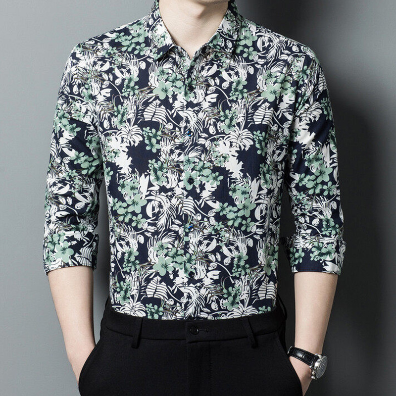 Camisas jóvenes de mediana edad de alta gama para hombres primavera y otoño tendencia floral coreana camisa de algodón nueva camisa floral de manga larga