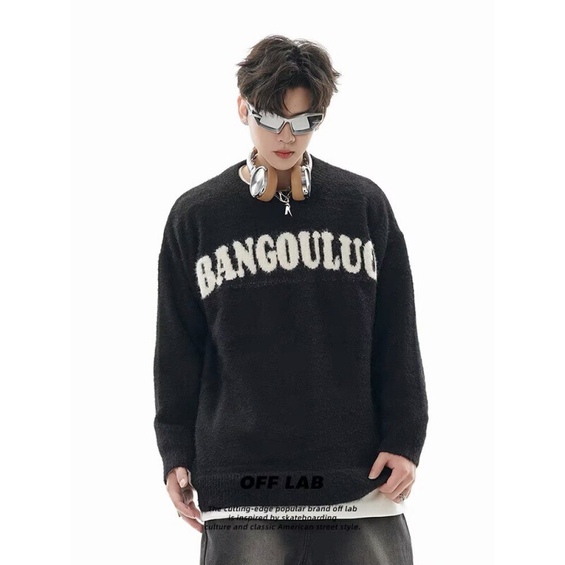 National Trendy Alphabet Jacquard Knitwear Crewneck Mohair Pullover Sweater Men's Couple Long Sleeve Casual Top National Trendy Alphabet Jacquard Knitwear Crewneck Mohair Pullover Sweater Men's Couple Long Sleeve Casual Top