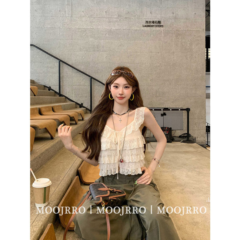White Ruffled Lace Camisole for Women, Summer Outerwear, French Style, High-End, Slim-Fitting, Short Top
