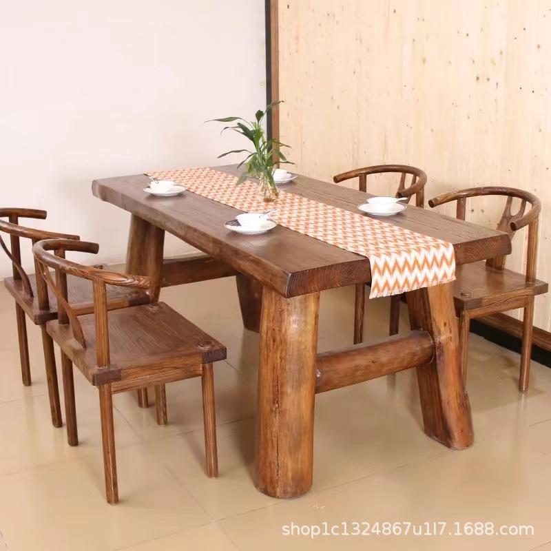 老榆木餐桌椅组合新中式风格全实木复古茶台原生态长方形桌子