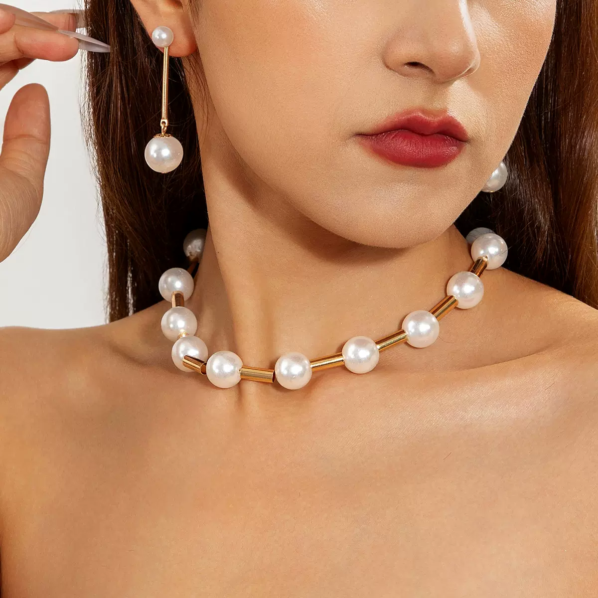 欧美跨境时尚轻奢仿珍珠耳环项链 法式小众时尚百搭首饰套装女