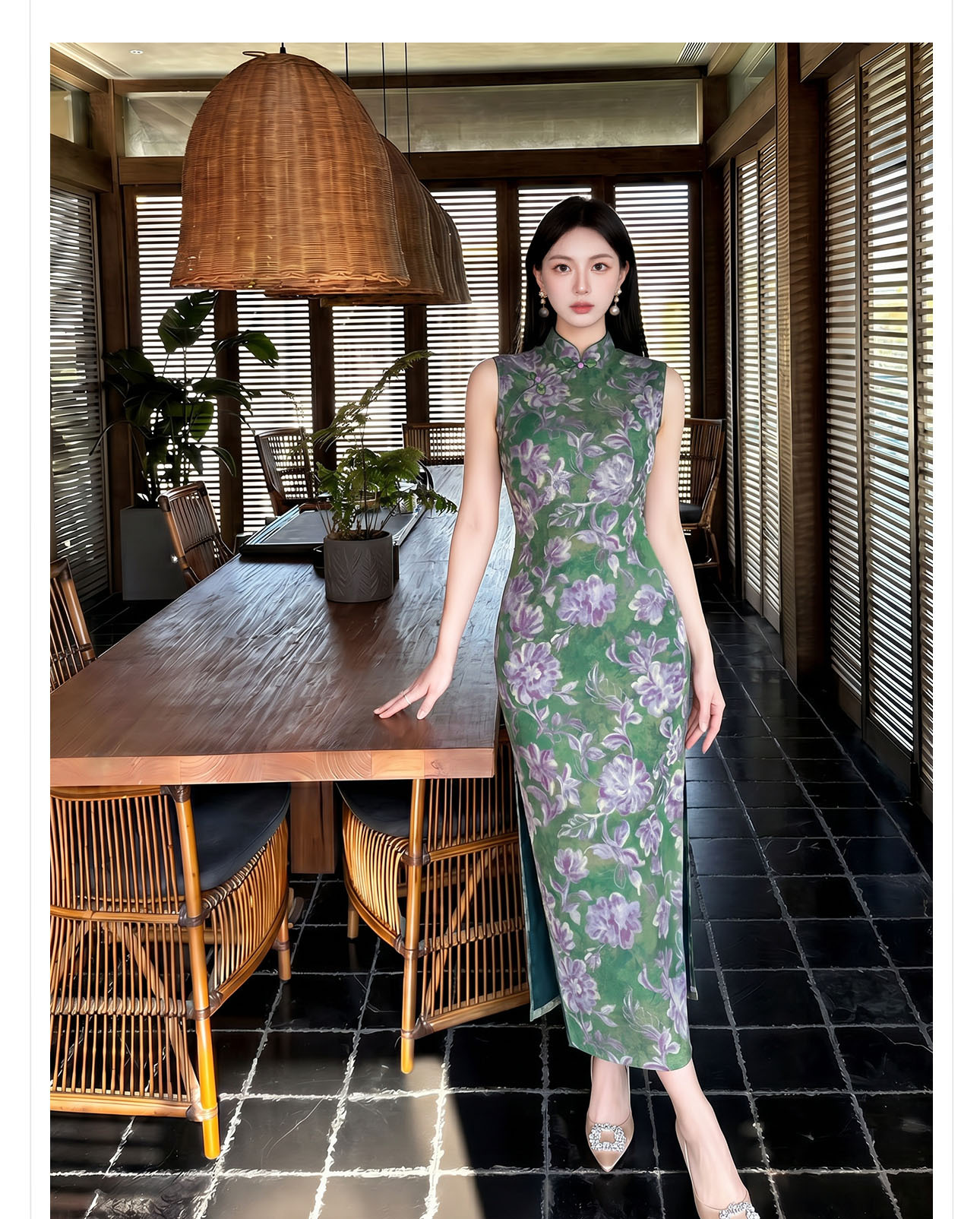 Đầm ôm body nữ dài tay in họa tiết hoa xanh cổ điển — xanh lá cây chi tiết 6