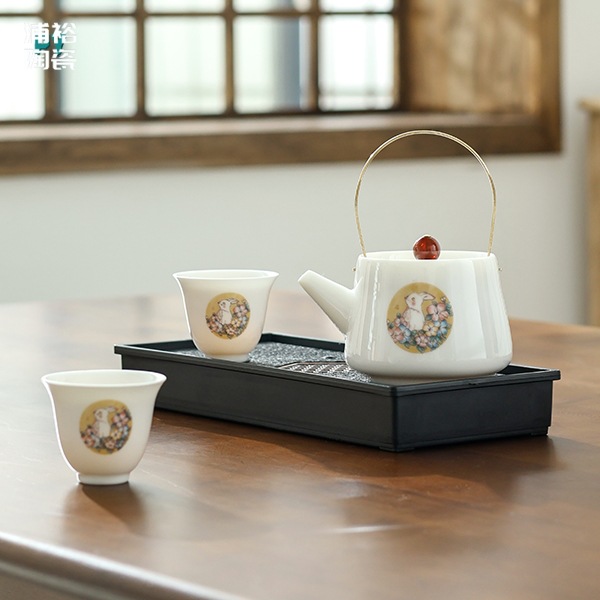 德化白瓷玉兔提梁壺一壺兩杯茶具套裝中式茶壺品茗杯陶瓷茶杯茶盞