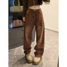 实拍复古牛仔裤女高街ins潮直筒休闲阔腿裤显瘦中性