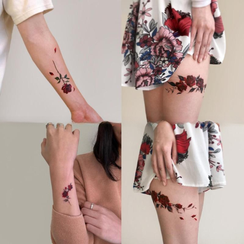Tattoo Stickers with Red Rose Floral Designs for Arms, Fresh and Simple Patterns, Waterproof and Long-Lasting, New Style for Women, Realistic Fake Tattoos for Collarbones Tattoo Stickers with Red Rose Floral Designs for Arms, Fresh and Simple Patterns, Waterproof and Long-Lasting, New Style for Women, Realistic Fake Tattoos for Collarbones