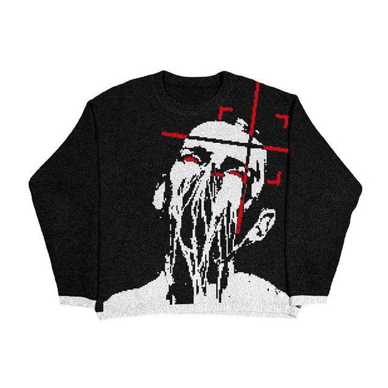 Men's Clothing trend jacquard round neck loose knit sweater couple dark series pullover sweater _voghion.com