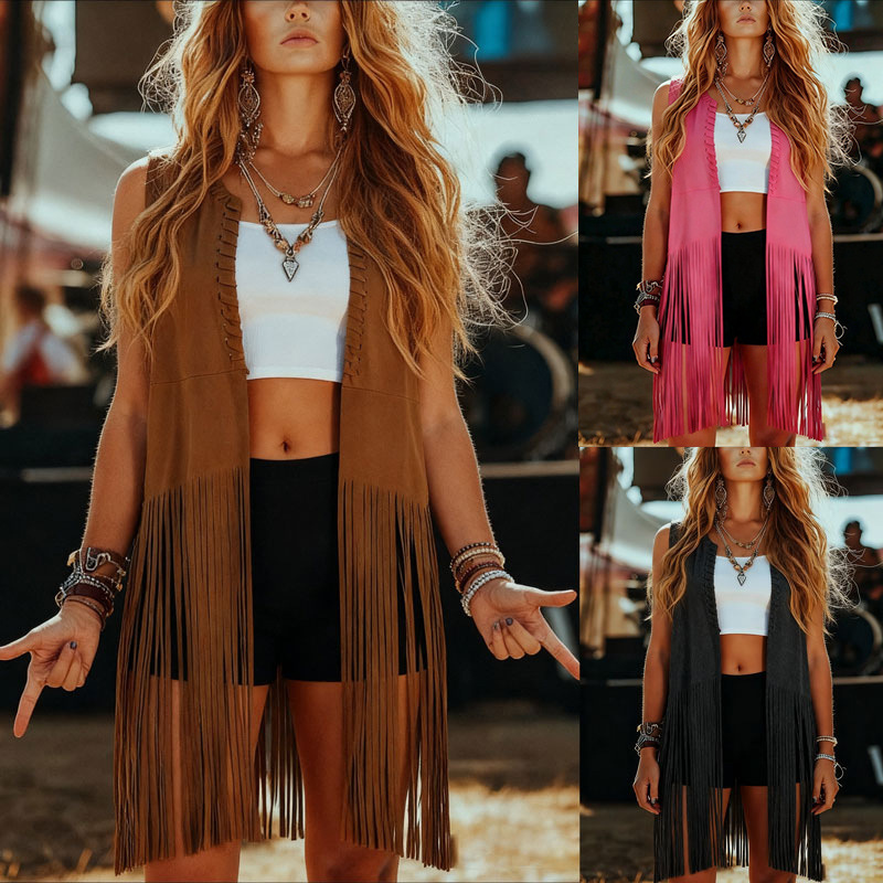2026 Cross-Border European and American Amazon Summer Shawl Tassel Vest Jacket Women's Sleeveless Mid-Length Vest Jacket