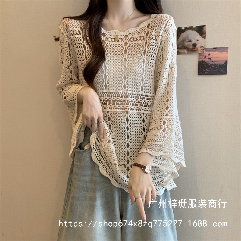 French Bell-Sleeved Hollow Braided Crochet Sweater for Early Autumn Women's Three-Quarter Sleeves Lazy Loose Outer Wear Sun Protection Blouse French Bell-Sleeved Hollow Braided Crochet Sweater for Early Autumn Women's Three-Quarter Sleeves Lazy Loose Outer Wear Sun Protection Blouse