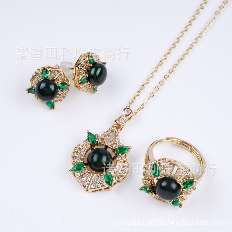 (2개) ZHUJI 특별 가격 도매 하이 엔드 라이트 럭셔리 천연 담수 진주 3 피스 쥬얼리 세트 틈새 지르콘 그린