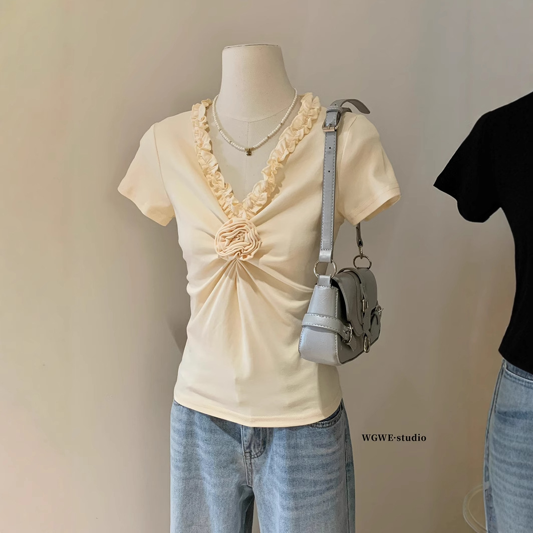 Liquidación, sin devoluciones ni cambios, diseño veraniego, estilo nicho, top adelgazante, capa interior ajustada, cuello en V, camiseta de manga corta con encaje W558 image 2