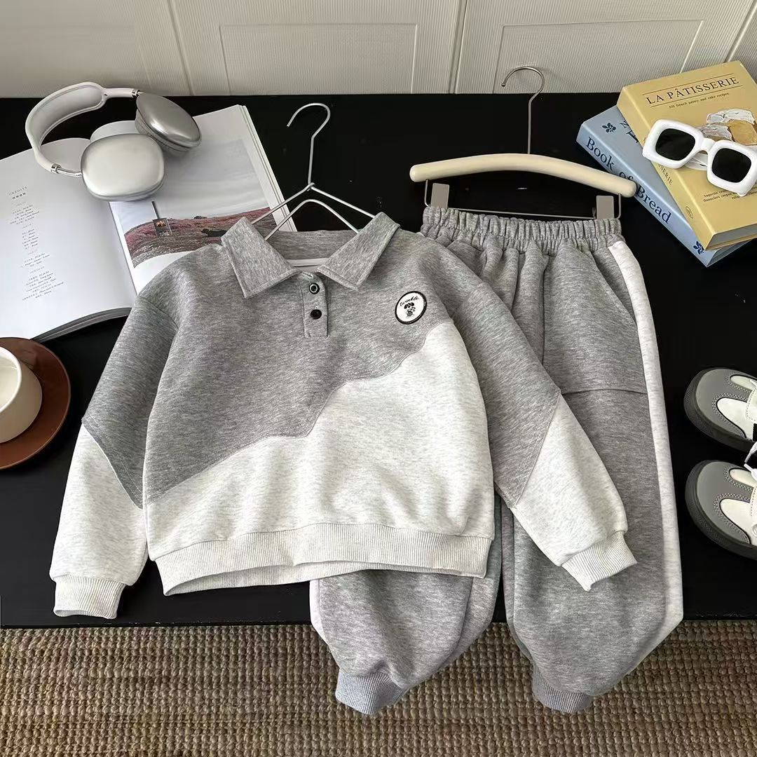 Boys' Korean-Style Color-Blocked Sweatshirt and Sweatpants Set, Spring and Autumn Long-Sleeved Turn-Down Collar Two-Piece Set, Children's Poio Shirt, Direct from Manufacturer
