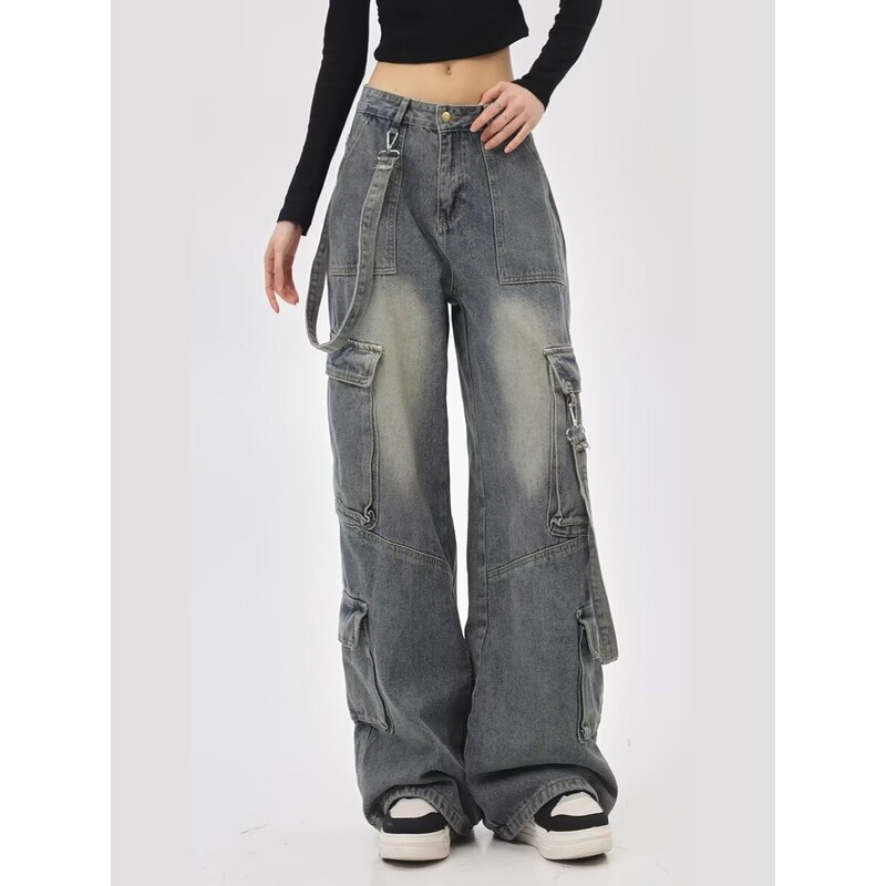 Plus-Size American High Street Multi-Pocket Cargo Jeans for Women, Designer Niche Loose Slimming Wide-Leg Floor-Length Pants