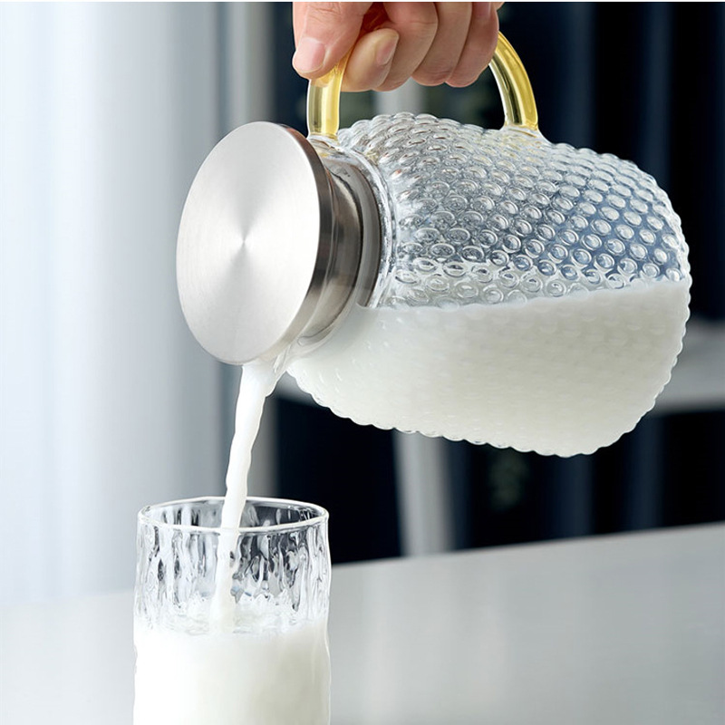 高硼硅玻璃涼水壺  簡約錘紋涼水壺家用冷水壺不鏽鋼蓋過濾泡茶壺