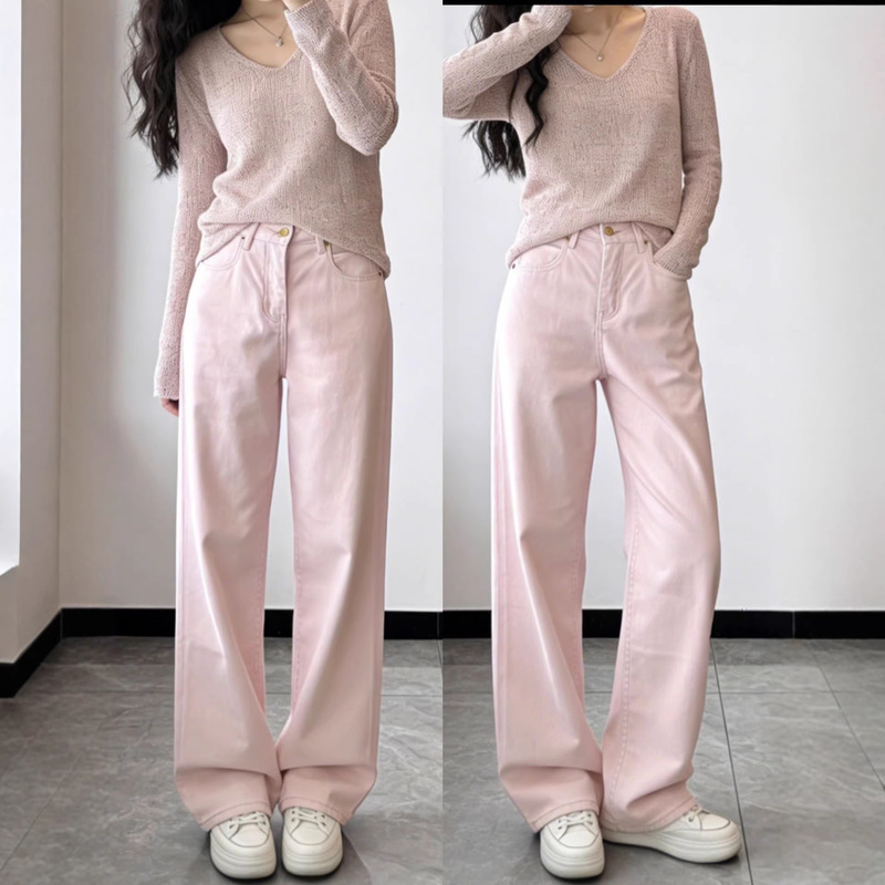 Ce Light Pink Straight-Leg Jeans for Women, High-Waisted, Loose, Casual, Versatile, Wide-Leg, Lazy Style Long Pants, 2026 Spring New Model Ce Light Pink Straight-Leg Jeans for Women, High-Waisted, Loose, Casual, Versatile, Wide-Leg, Lazy Style Long Pants, 2026 Spring New Model