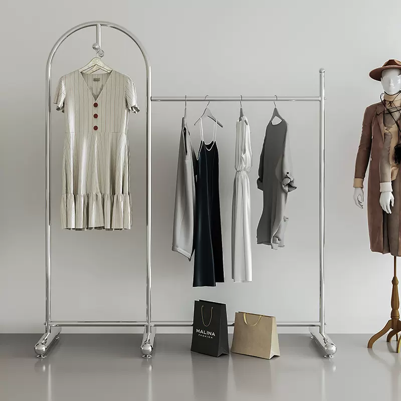 服装店落地式不锈钢拉丝挂衣架女装店中岛架正侧挂展示架跨境专供