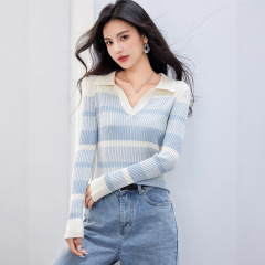 超好看v领渐变条纹针织衫上衣女秋季百搭显瘦设计感长袖打底上衣